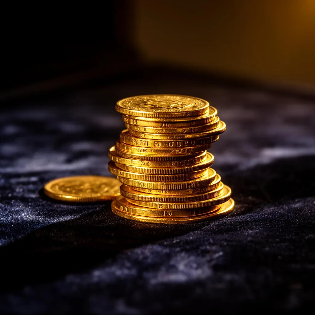 Pile de pièces d'or expertisées sur velours sombre